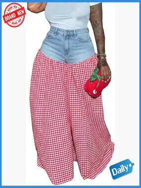 High Waisted Wide Leg Checkered Patchwork Jeans Y2K